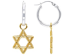 Two Tone Sterling Silver & 14K Gold Over Sterling Silver Star of David Dangle Earrings.