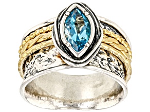Swiss Blue Topaz Two Tone Sterling Silver & 14K Yellow Gold Over Sterling Silver Spinner Ring 0.90ct