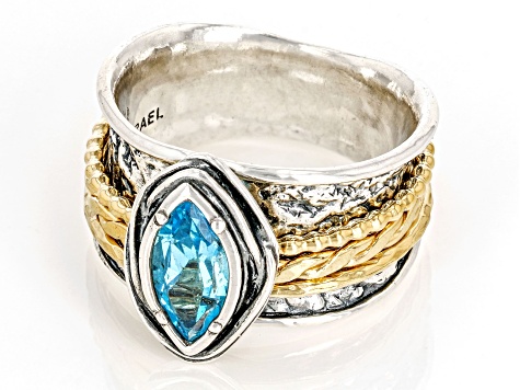 Swiss Blue Topaz Two Tone Sterling Silver & 14K Yellow Gold Over Sterling Silver Spinner Ring 0.90ct