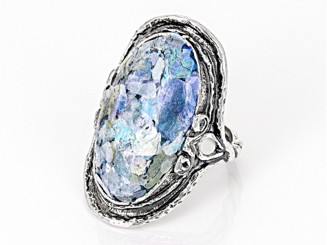 Roman Glass Sterling Silver Elongated Ring 25x14mm