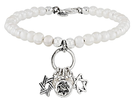 Cultured Freshwater Pearl Sterling Silver Star of David Charm Bracelet