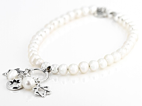 Cultured Freshwater Pearl Sterling Silver Star of David Charm Bracelet