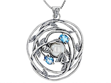 Picture of Cultured Freshwater Pearl & Blue Topaz Sterling Silver Pendant with Chain 2.10ctw