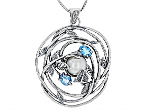 Cultured Freshwater Pearl & Blue Topaz Sterling Silver Pendant with Chain 2.10ctw