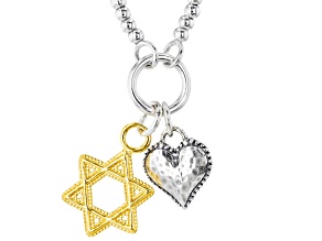 Two Tone Sterling Silver & 14K Yellow Gold Over Sterling Silver Star of David & Heart Necklace
