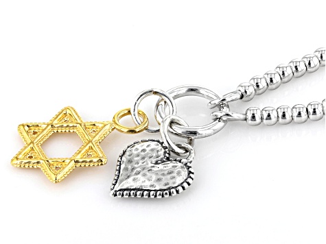 Two Tone Sterling Silver & 14K Yellow Gold Over Sterling Silver Star of David & Heart Necklace