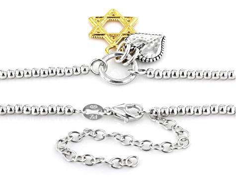 Two Tone Sterling Silver & 14K Yellow Gold Over Sterling Silver Star of David & Heart Necklace