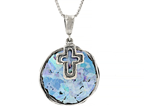 23mm Roman Glass Sterling Silver Cross Pendant With Chain