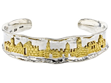 Picture of Two Tone Sterling Silver & 14K Yellow Gold Over Sterling Silver Jerusalem Cuff Bracelet