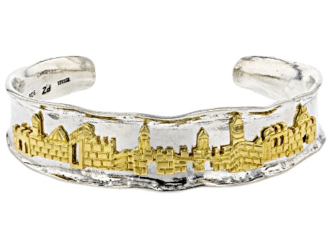 Two Tone Sterling Silver & 14K Yellow Gold Over Sterling Silver Jerusalem Cuff Bracelet