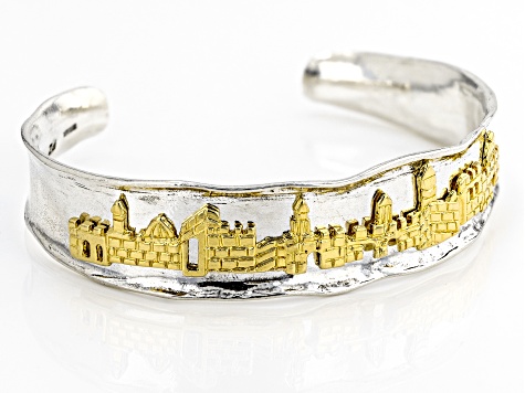 Two Tone Sterling Silver & 14K Yellow Gold Over Sterling Silver Jerusalem Cuff Bracelet