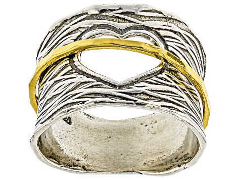 Two Tone Sterling Silver & 14K Yellow Gold Over Sterling Silver Heart Spinner Ring