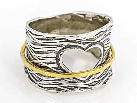 Two Tone Sterling Silver & 14K Yellow Gold Over Sterling Silver Heart Spinner Ring