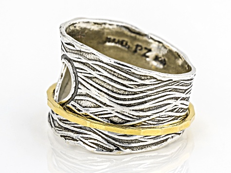 Two Tone Sterling Silver & 14K Yellow Gold Over Sterling Silver Heart Spinner Ring