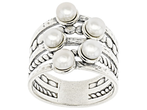 Cultured Freshwater Pearl Sterling Silver Multi-Row Textured Ring