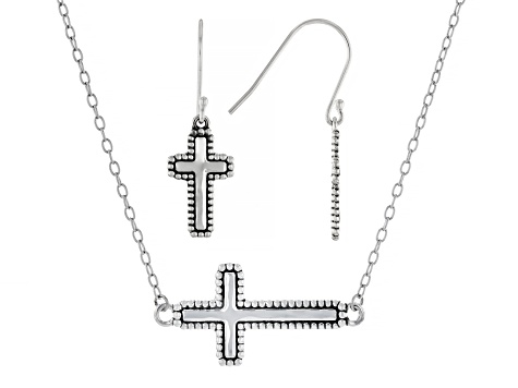 Sterling Silver Cross Necklace & Earring Set