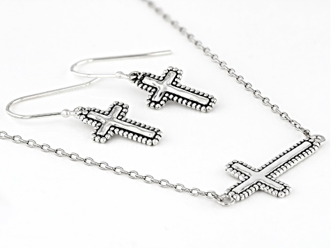 Sterling Silver Cross Necklace & Earring Set