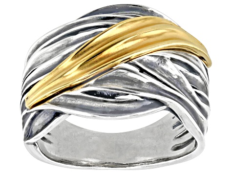 Two Tone Sterling Silver & 14K Yellow Gold Over Sterling Silver High Polish Crossover Ring