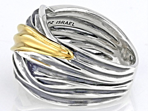 Two Tone Sterling Silver & 14K Yellow Gold Over Sterling Silver High Polish Crossover Ring