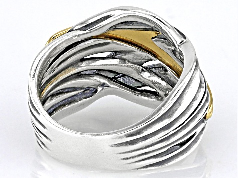 Two Tone Sterling Silver & 14K Yellow Gold Over Sterling Silver High Polish Crossover Ring