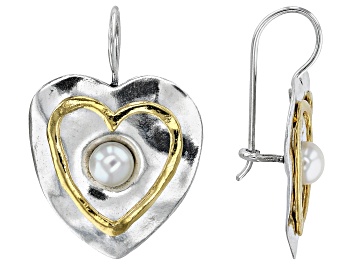 Picture of 6mm Cultured Freshwater Pearl Two Tone Sterling Silver & 14K Yellow Gold Over Silver Heart Earrings