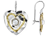 6mm Cultured Freshwater Pearl Two Tone Sterling Silver & 14K Yellow Gold Over Silver Heart Earrings