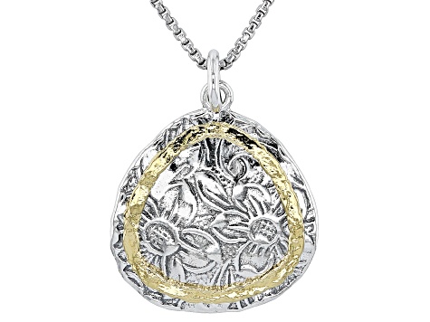 Two Tone Sterling Silver & 14K Yellow Gold Over Sterling Silver Floral Pendant With Chain