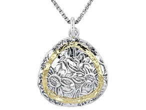 Two Tone Sterling Silver & 14K Yellow Gold Over Sterling Silver Floral Pendant With Chain