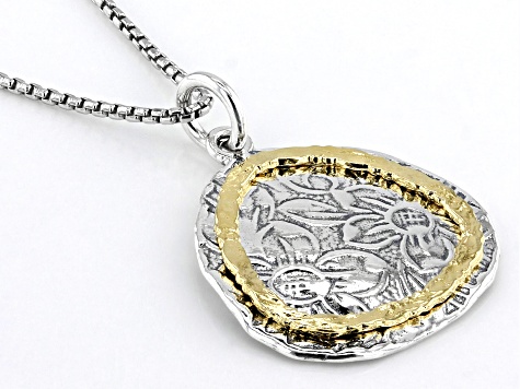 Two Tone Sterling Silver & 14K Yellow Gold Over Sterling Silver Floral Pendant With Chain