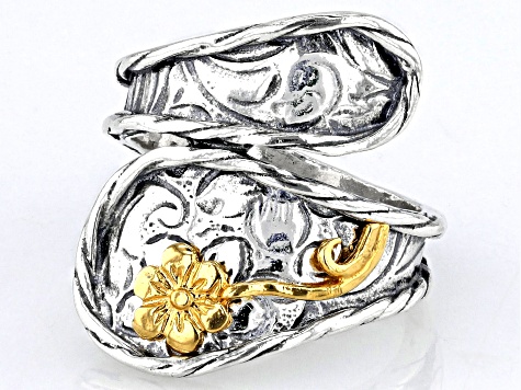 Two Tone Sterling Silver & 14K Yellow Gold Over Sterling Silver Floral Ring