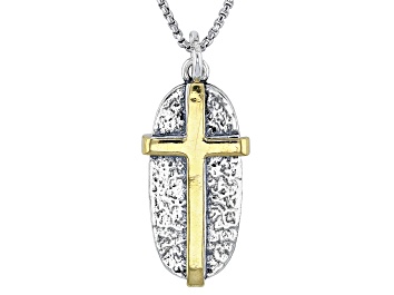 Picture of Two Tone Sterling Silver & 14K Yellow Gold Over Sterling Silver Cross Pendant With Chain