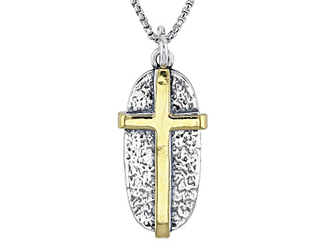 Two Tone Sterling Silver & 14K Yellow Gold Over Sterling Silver Cross Pendant With Chain