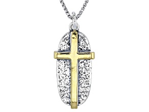 Two Tone Sterling Silver & 14K Yellow Gold Over Sterling Silver Cross Pendant With Chain