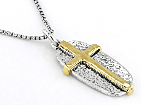 Two Tone Sterling Silver & 14K Yellow Gold Over Sterling Silver Cross Pendant With Chain