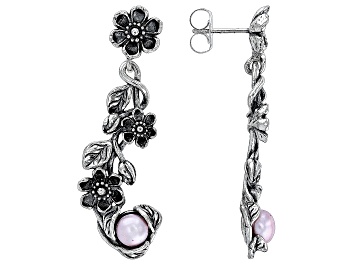Picture of 6-6.5mm Pink Cultured Freshwater Pearl Sterling Silver Floral Earrings