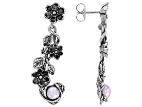 6-6.5mm Pink Cultured Freshwater Pearl Sterling Silver Floral Earrings