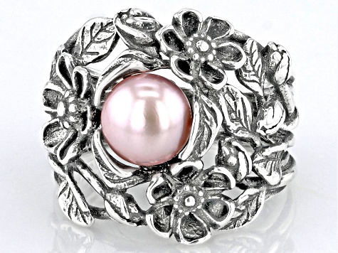 Pink Cultured Freshwater Pearl Sterling Silver Floral Ring
