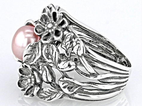 7.5-8mm Pink Cultured Freshwater Pearl Sterling Silver Floral Ring