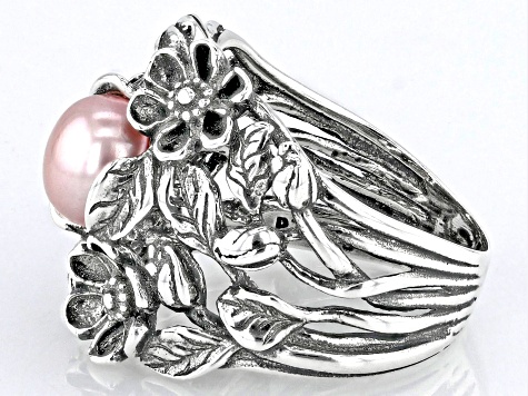 Pink Cultured Freshwater Pearl Sterling Silver Floral Ring