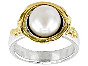 9.5-10mm Cultured Freshwater Pearl Two Tone Sterling Silver & 14K Yellow Gold Over Silver Ring