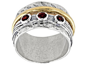 Red Garnet Two Tone Sterling Silver & 14K Yellow Gold Over Sterling Silver Spinner Ring 3.00ctw