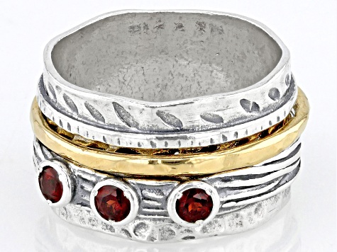 Red Garnet Two Tone Sterling Silver & 14K Yellow Gold Over Sterling Silver Spinner Ring 3.00ctw