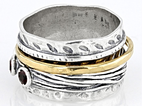 Red Garnet Two Tone Sterling Silver & 14K Yellow Gold Over Sterling Silver Spinner Ring 3.00ctw