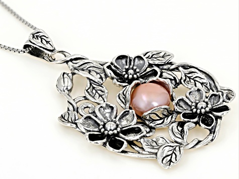 Pink Cultured Freshwater Pearl Sterling Silver Floral Pendant With