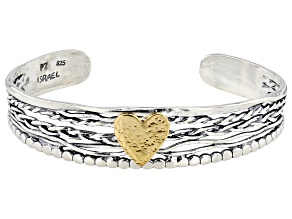 Two Tone Sterling Silver & 14k Gold Over Sterling Silver Heart Cuff Bracelet