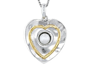 6.5-7mm Cultured Freshwater Pearl Two Tone Silver & 14k Gold Over Silver Heart Pendant With Chain