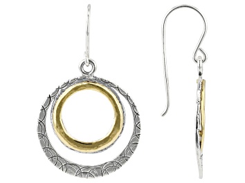 Picture of Two Tone Sterling Silver & 14k Yellow Gold Over Silver Textured Circle Earrings