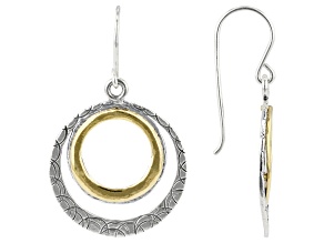 Two Tone Sterling Silver & 14k Yellow Gold Over Silver Textured Circle Earrings