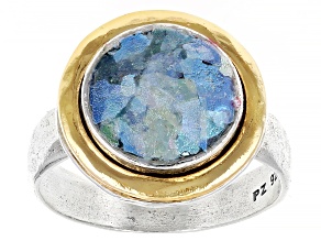 Two Tone Sterling Silver & 14K Gold Over Silver Roman Glass Ring 10mm