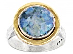 Two Tone Sterling Silver & 14K Gold Over Silver Roman Glass Ring 10mm